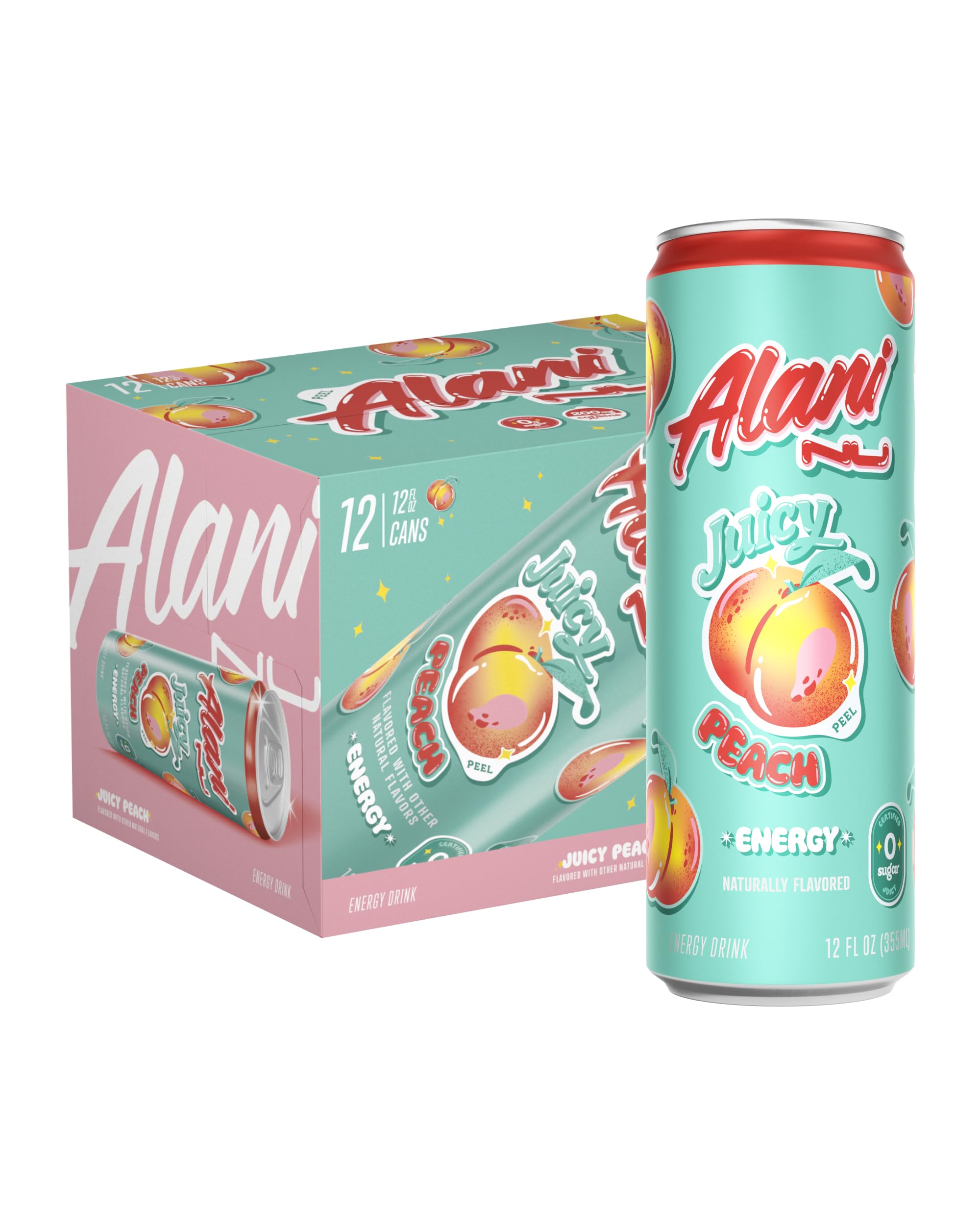 Alani Nu Juicy Peach can front, zero-sugar energy boost for busy days