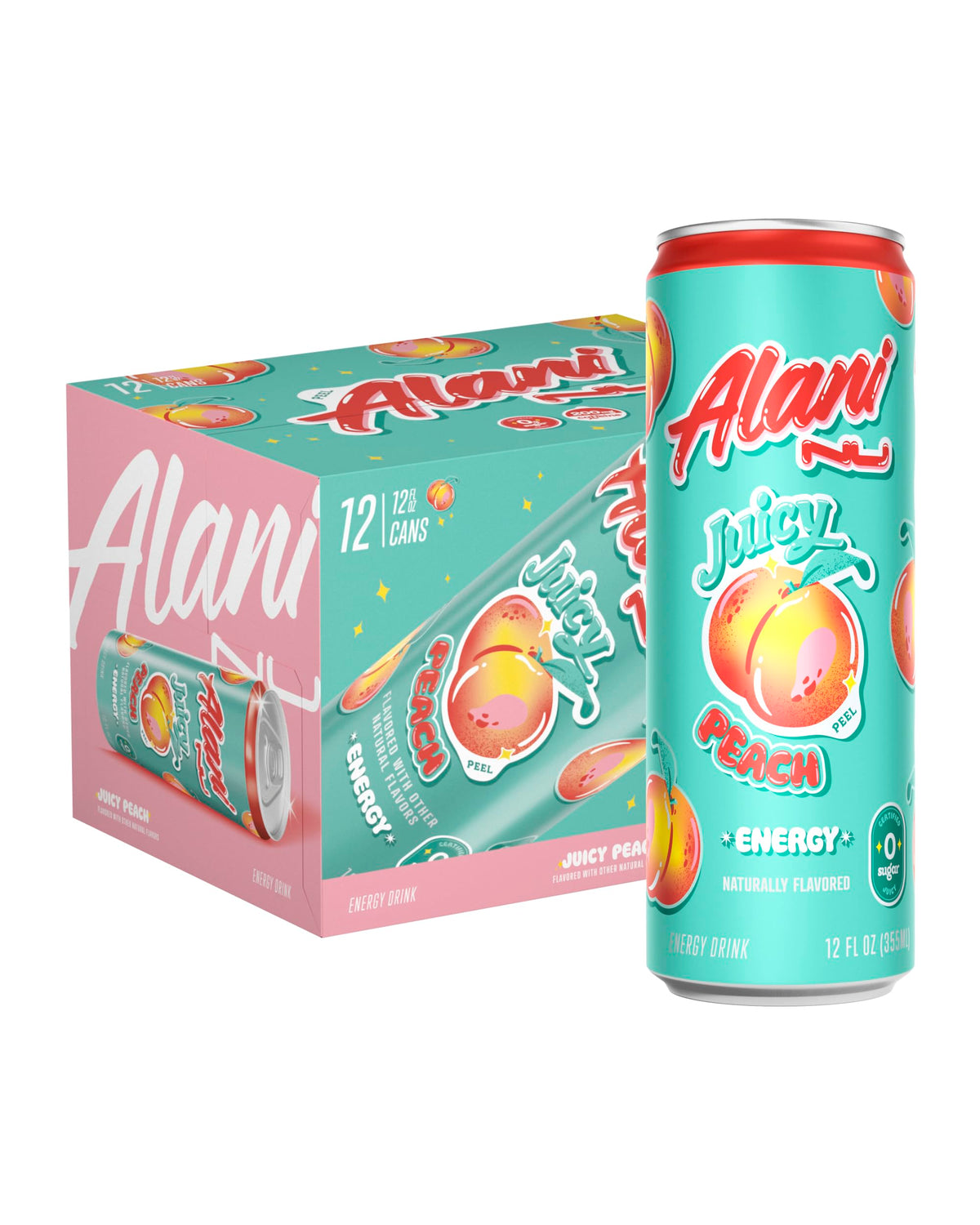 Alani Nu Juicy Peach can front, zero-sugar energy boost for busy days