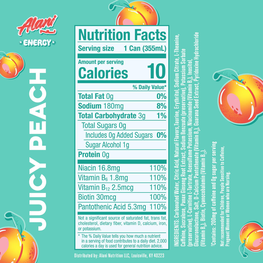 Alani Nu Juicy Peach can side, bold peach flavor with caffeine