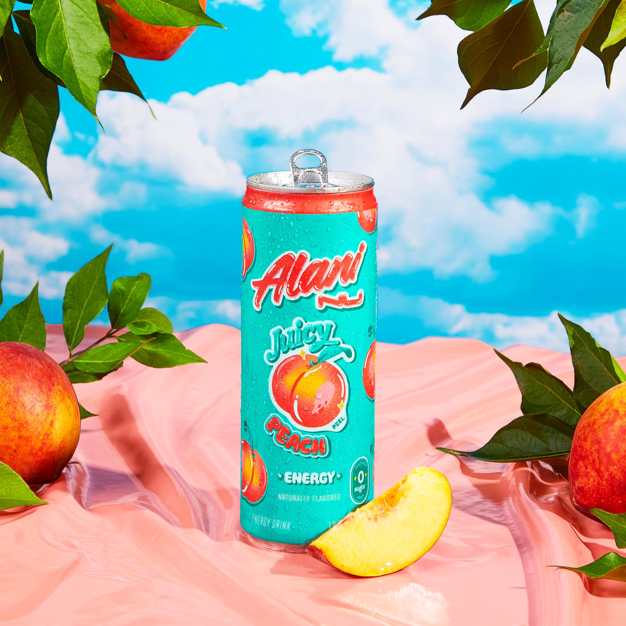 Alani Nu Juicy Peach iced drink, portable can for on-the-go
