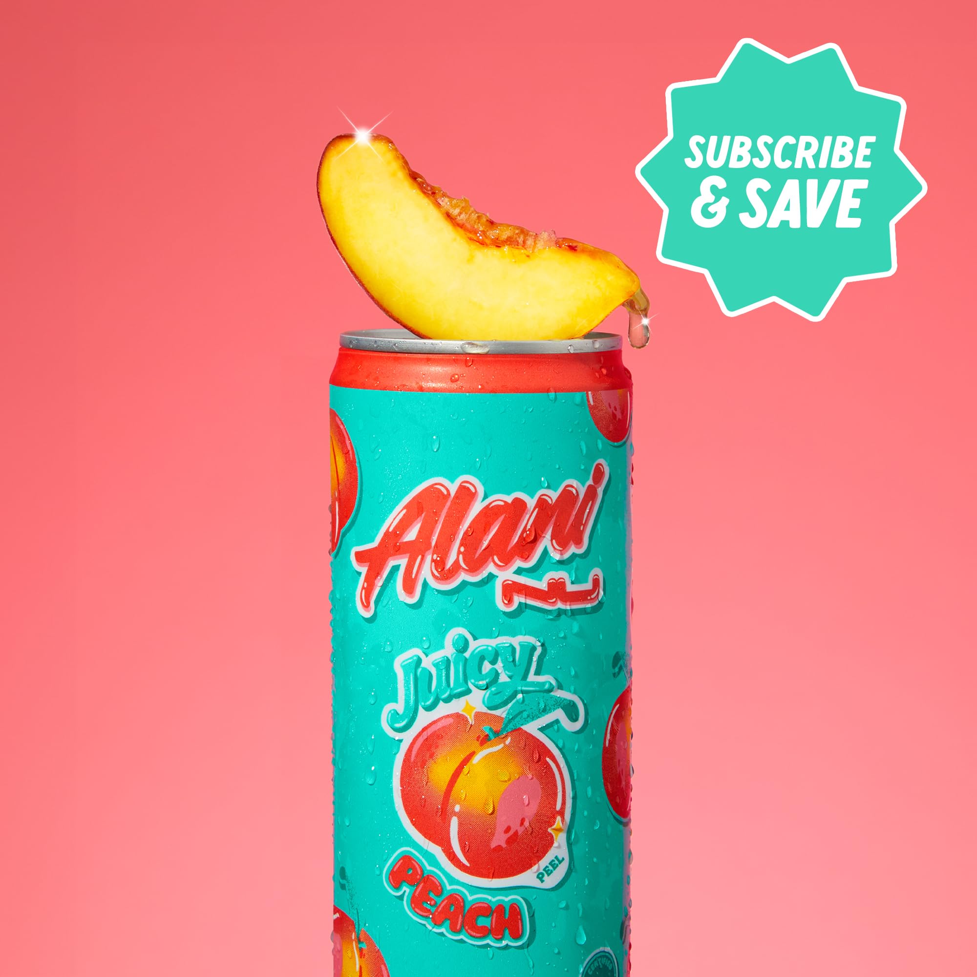 Alani Nu Juicy Peach in-store display, bold flavor choice