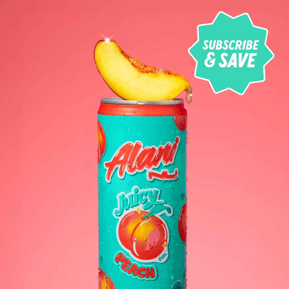Alani Nu Juicy Peach in-store display, bold flavor choice