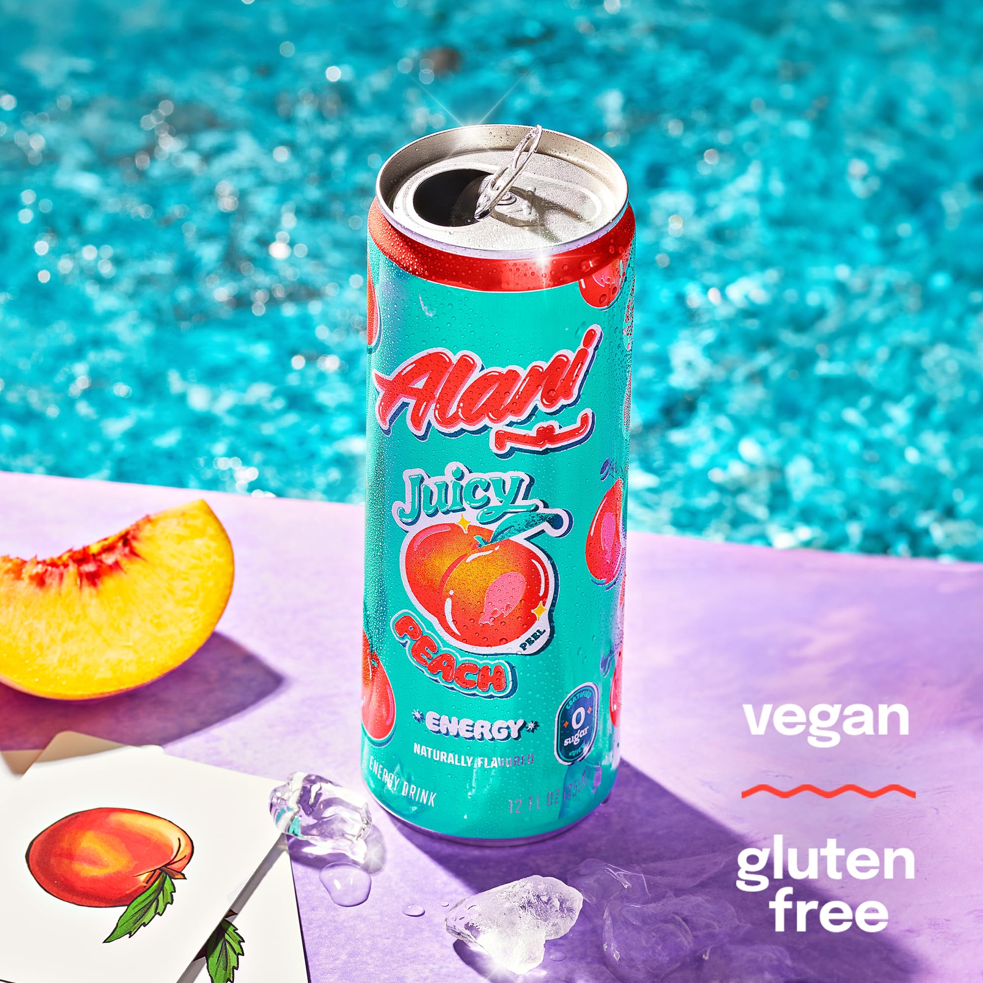 Alani Nu Juicy Peach label closeup, bright colors and clean ingredients
