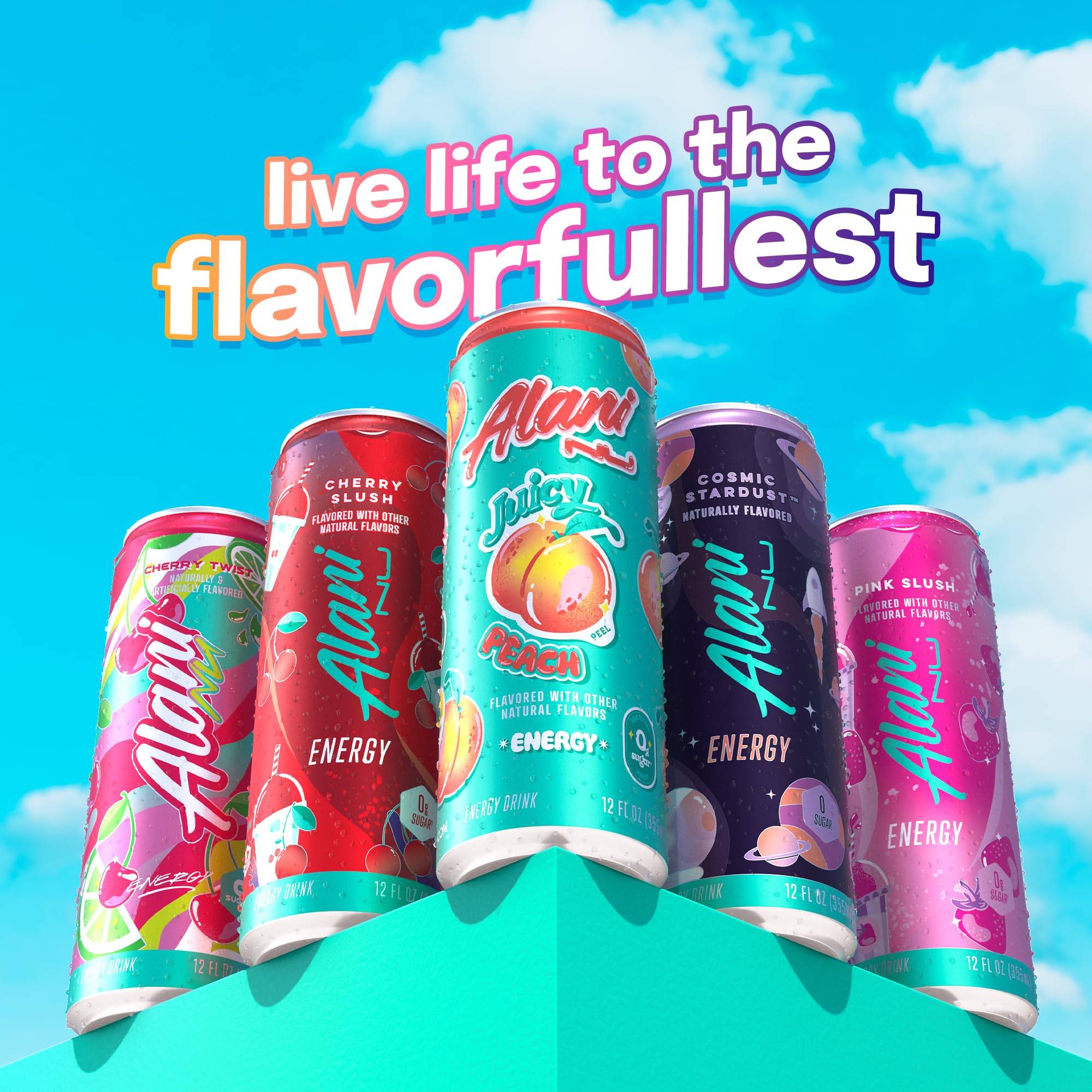 Alani Nu Juicy Peach stacked cans, convenient 12-pack option