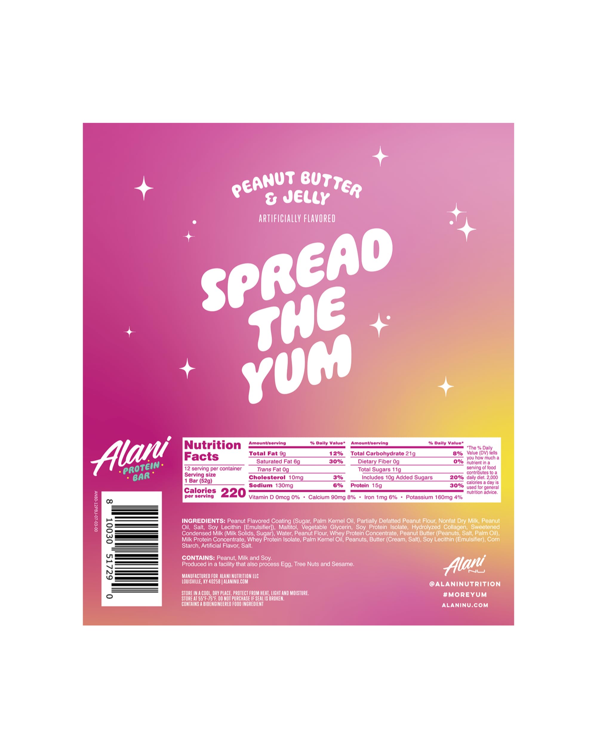 Alani Nu Peanut Butter and Jelly bar packaging highlighting gluten-free label.