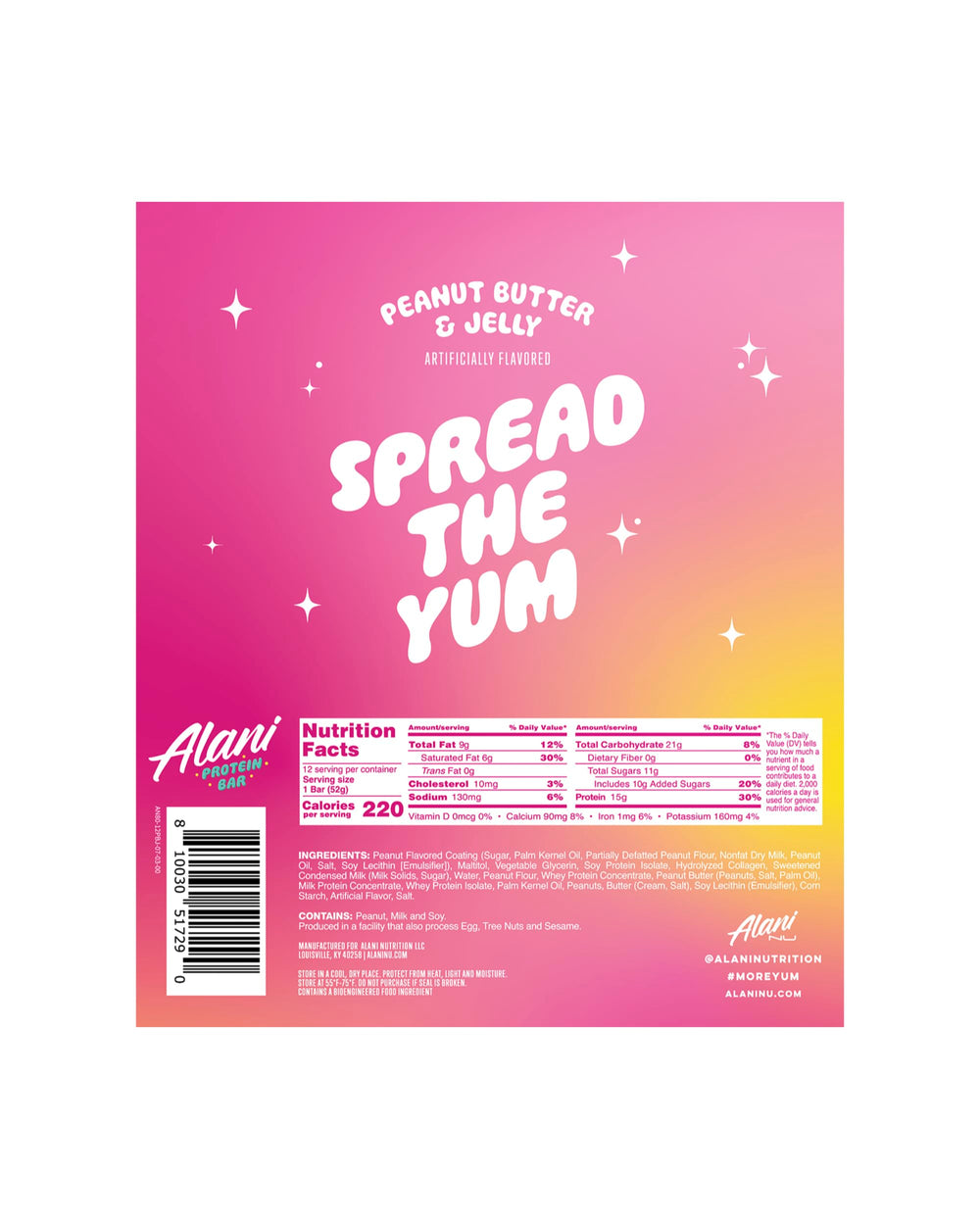 Alani Nu Peanut Butter and Jelly bar packaging highlighting gluten-free label.