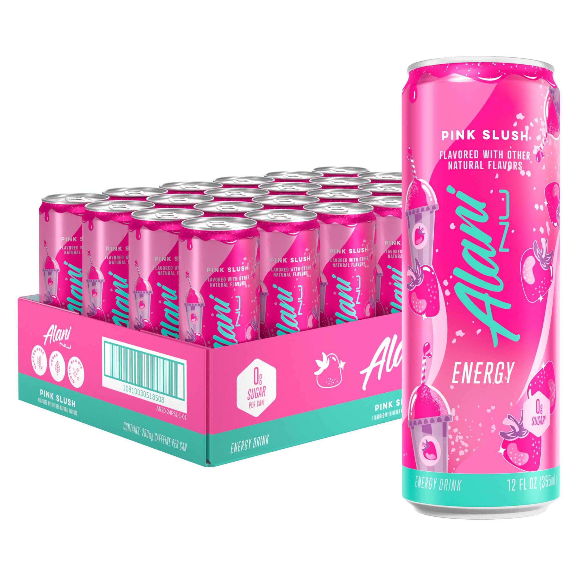 Alani Nu Pink Slush can front shows bold flavor with zero sugar for on-the-go energy.