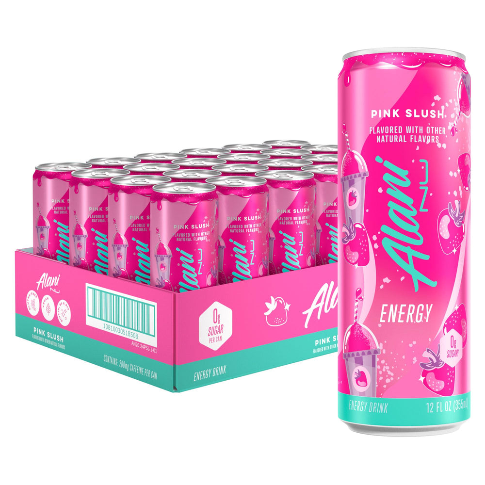 Alani Nu Pink Slush can front shows bold flavor with zero sugar for on-the-go energy.
