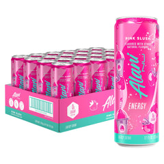 Alani Nu Pink Slush can front shows bold flavor with zero sugar for on-the-go energy.