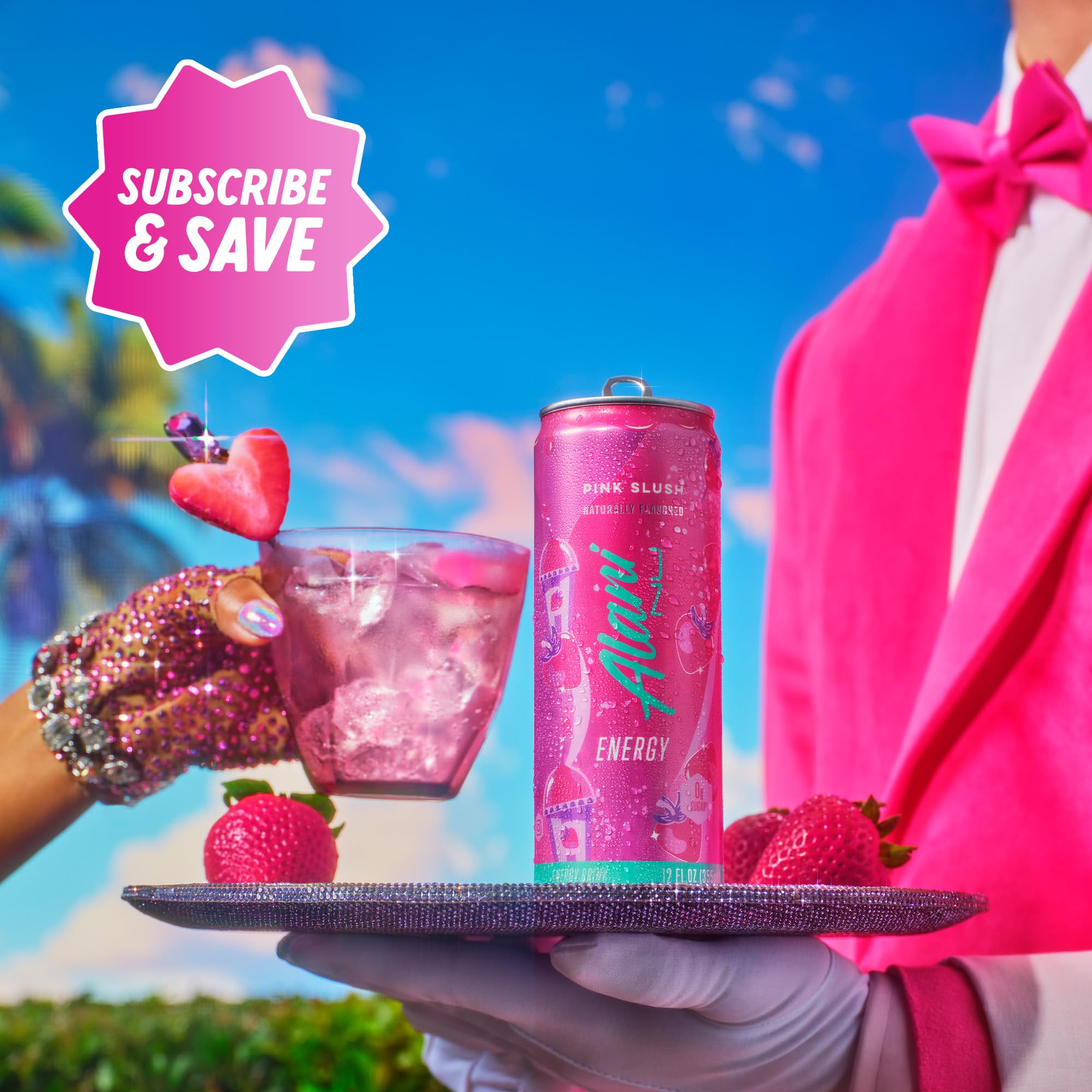 Alani Nu Pink Slush in-use scene suggests an active lifestyle fueled by flavor.