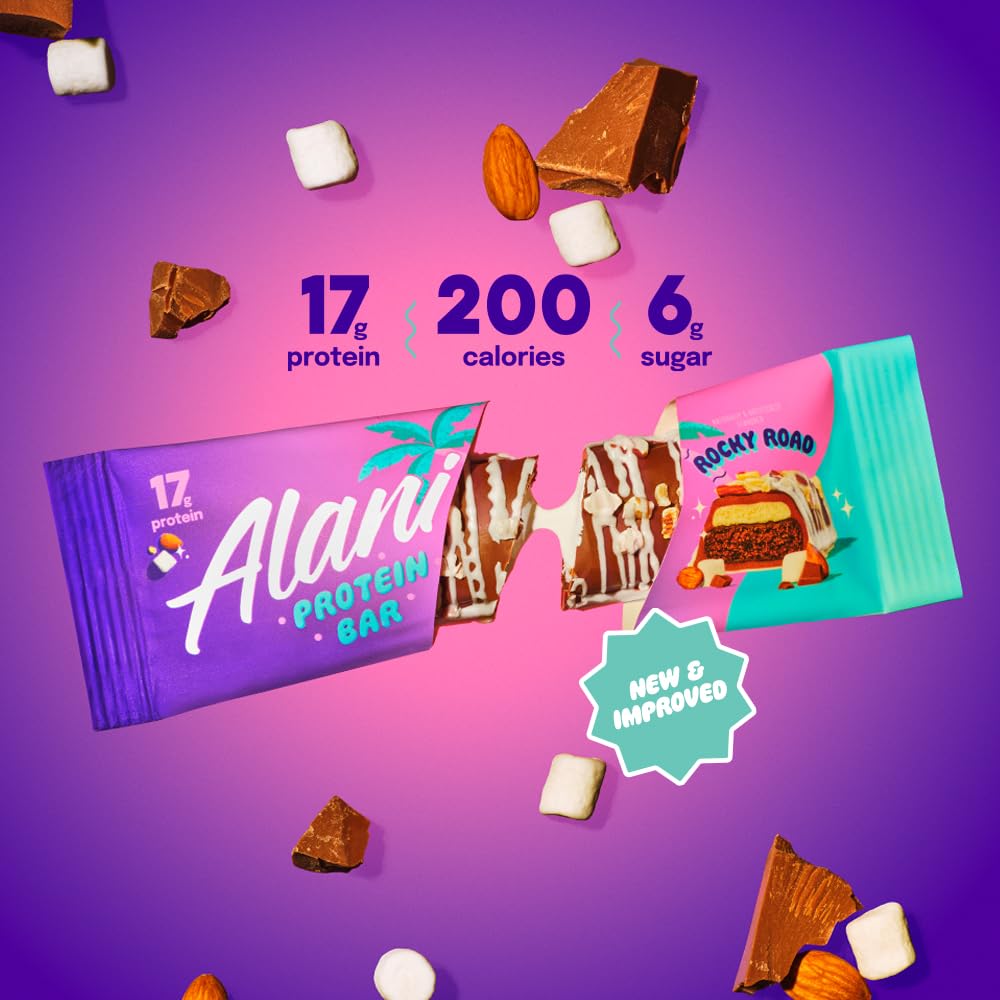 Chocolate coating and chewy texture visible on Alani Nu Rocky Road bar.