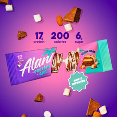 Chocolate coating and chewy texture visible on Alani Nu Rocky Road bar.