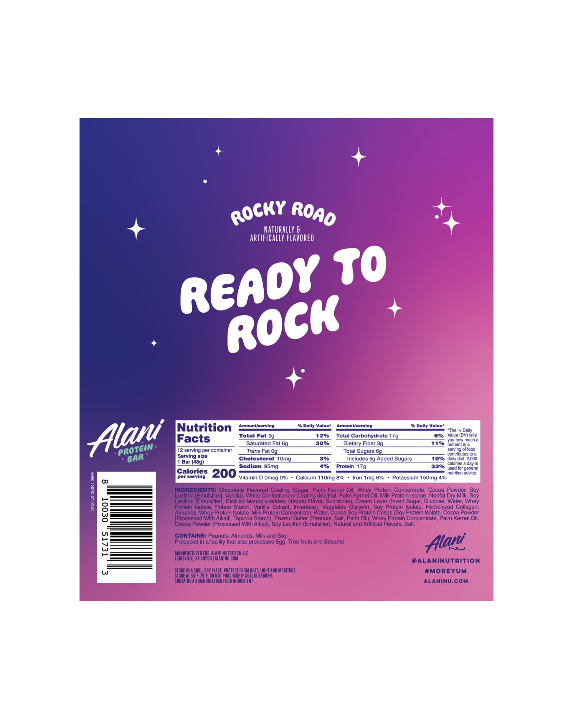 Close-up of Alani Nu Rocky Road bar front view, ideal for quick energy.