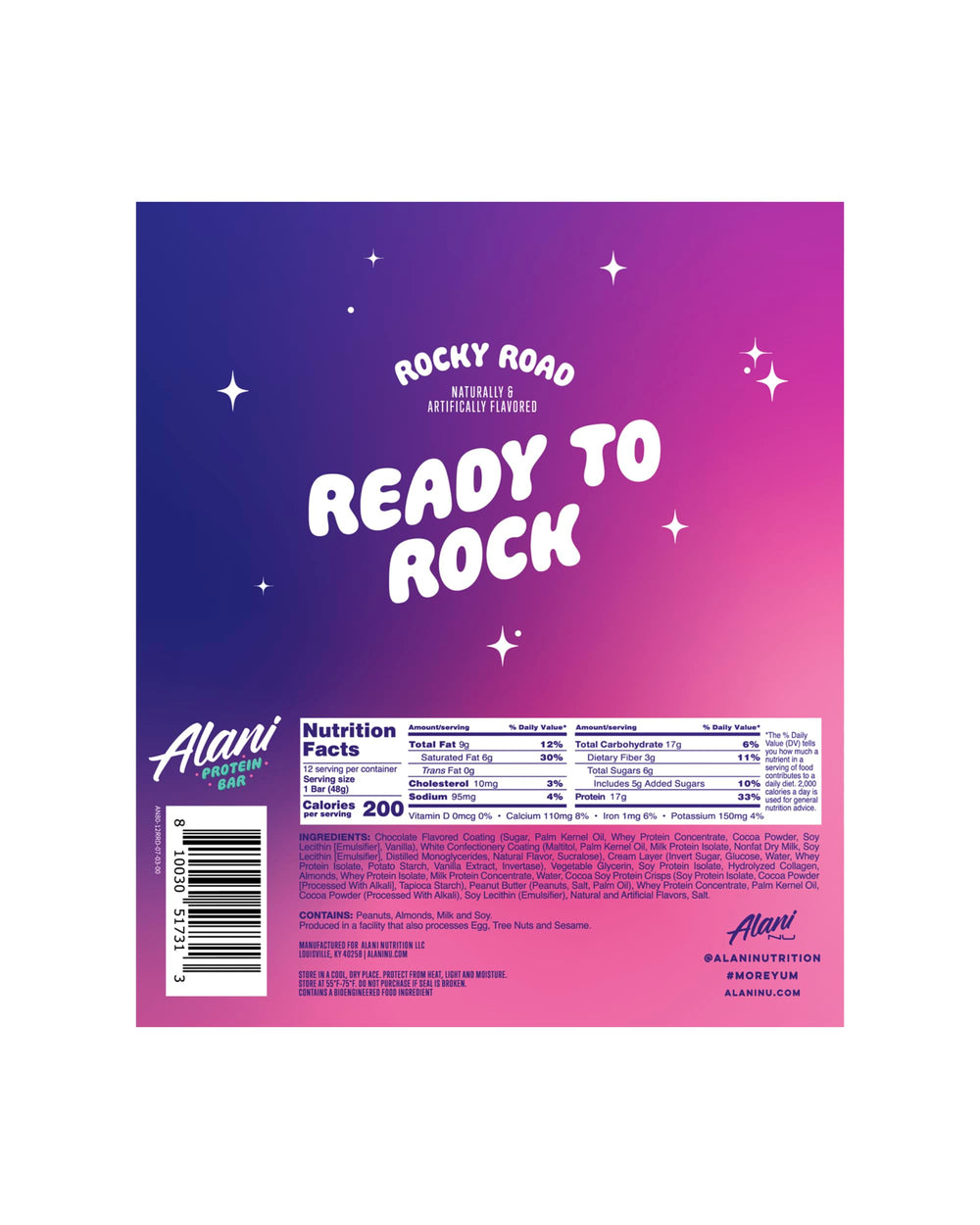Close-up of Alani Nu Rocky Road bar front view, ideal for quick energy.