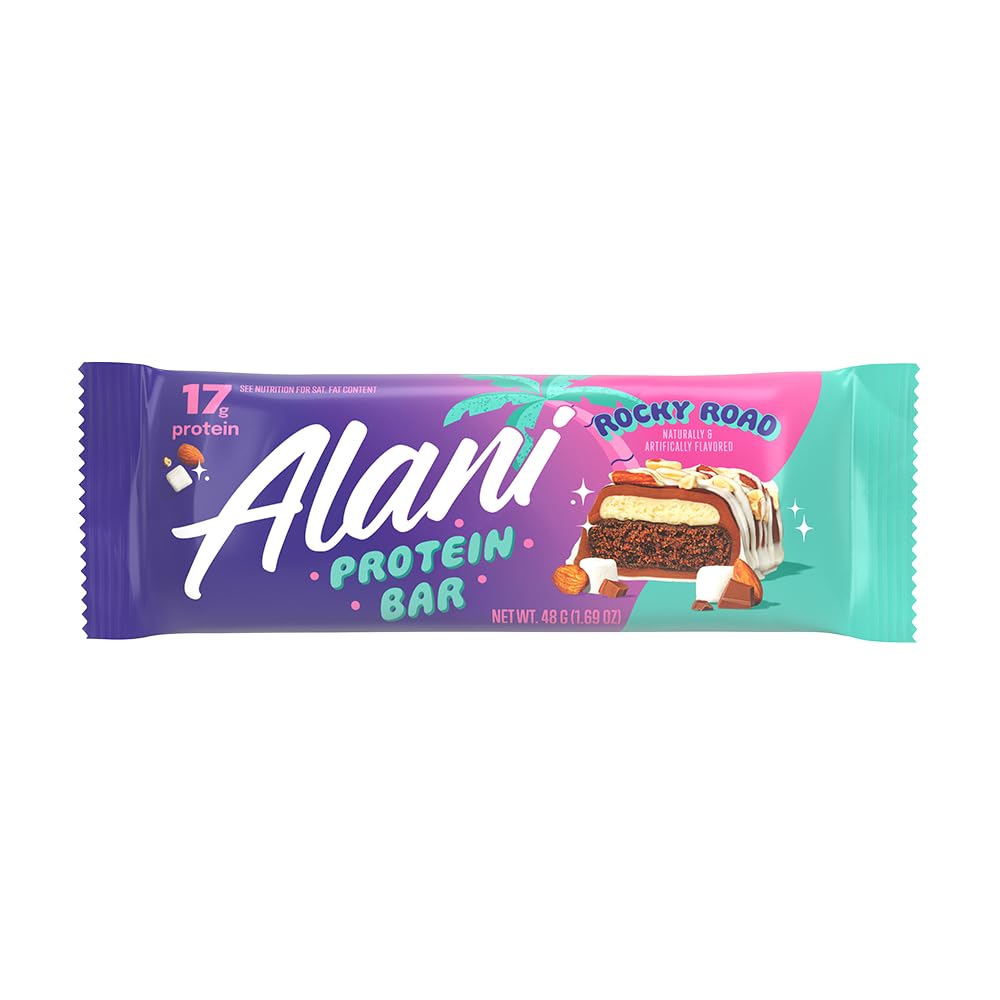 Gluten-free symbol and Alani Nu Rocky Road bar ready for busy days.