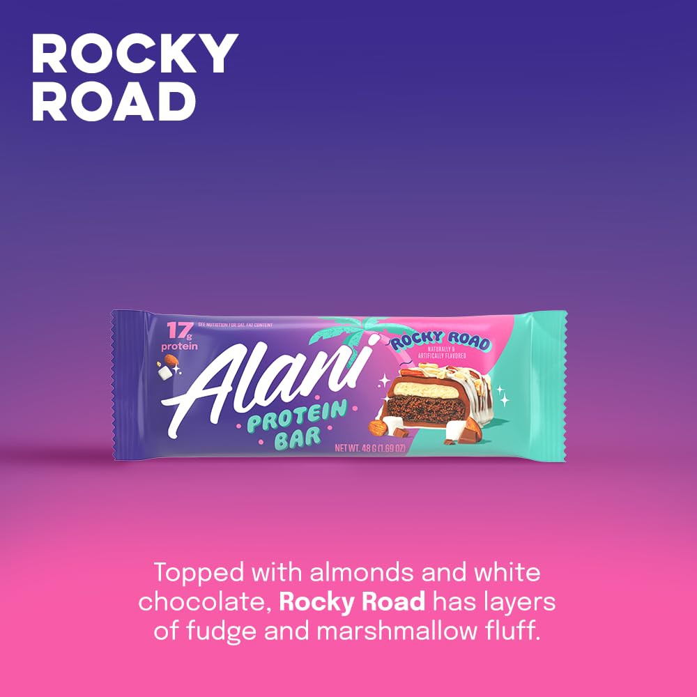 Alani Nu Rocky Road bar ingredients showcased for gluten-free, low-sugar choice.