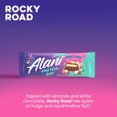 Alani Nu Rocky Road bar ingredients showcased for gluten-free, low-sugar choice.