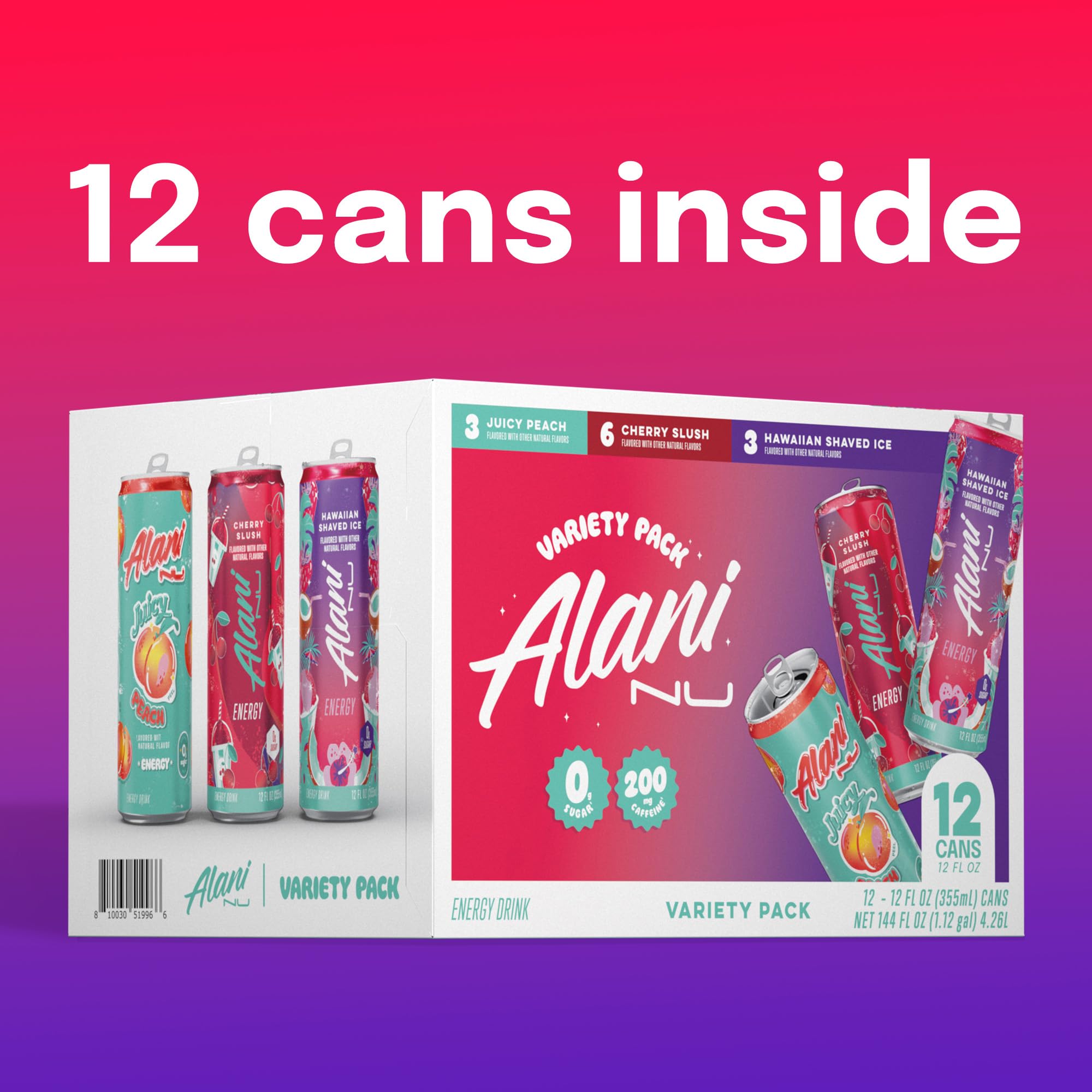 Alani Nu Juicy Peach cans close-up highlighting zero sugar, quick pick-me-up.