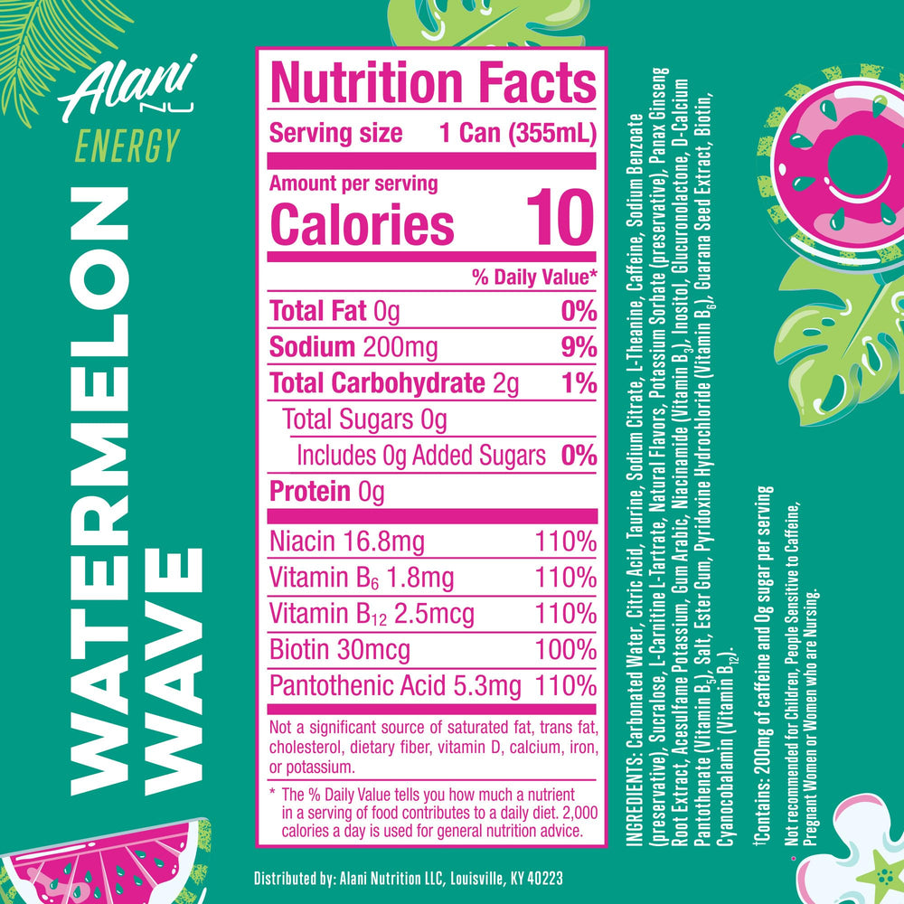 Alani Nu Watermelon Wave can angled, highlighting zero sugar and low calories.