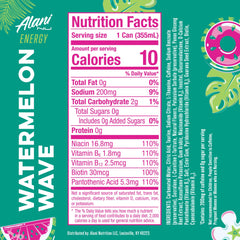 Alani Nu Watermelon Wave can angled, highlighting zero sugar and low calories.