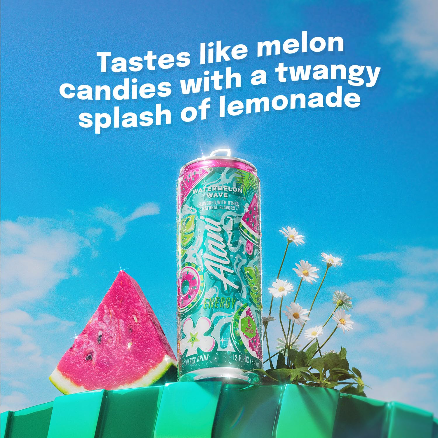 Alani Nu Watermelon Wave ingredients panel, vitamins for clean daily energy.
