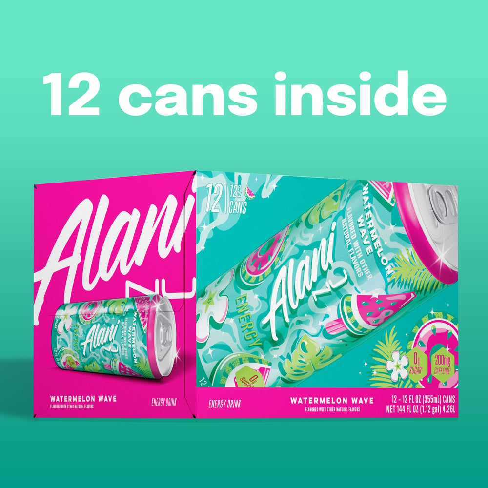 Alani Nu Watermelon Wave packaging on shelf, bold flavor appeal.