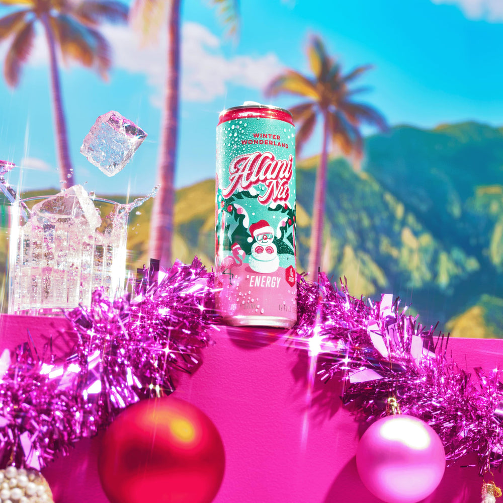 Alani Nu Winter Wonderland flavor closeup, Juicy Peach and Hawaiian Shaved Ice visuals