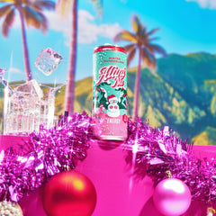 Alani Nu Winter Wonderland flavor closeup, Juicy Peach and Hawaiian Shaved Ice visuals