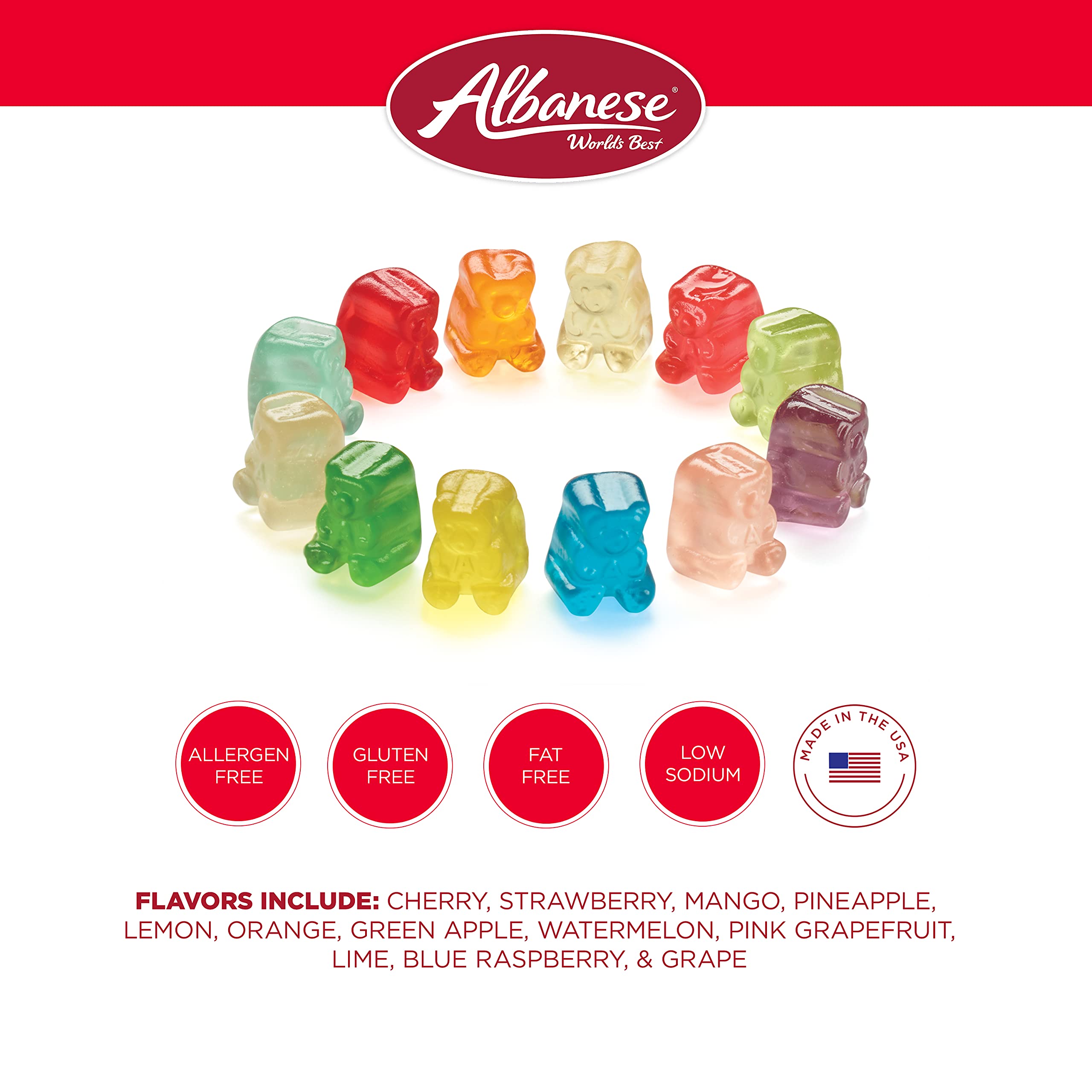 Albanese 12-Flavor Gummi Bear Cubs flavor line displays Cherry to Lemon.