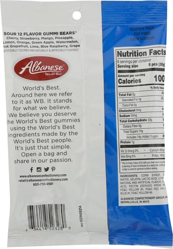 Albanese 12 Sour Flavors Gummy Bears close-up of colorful bears and fruit notes