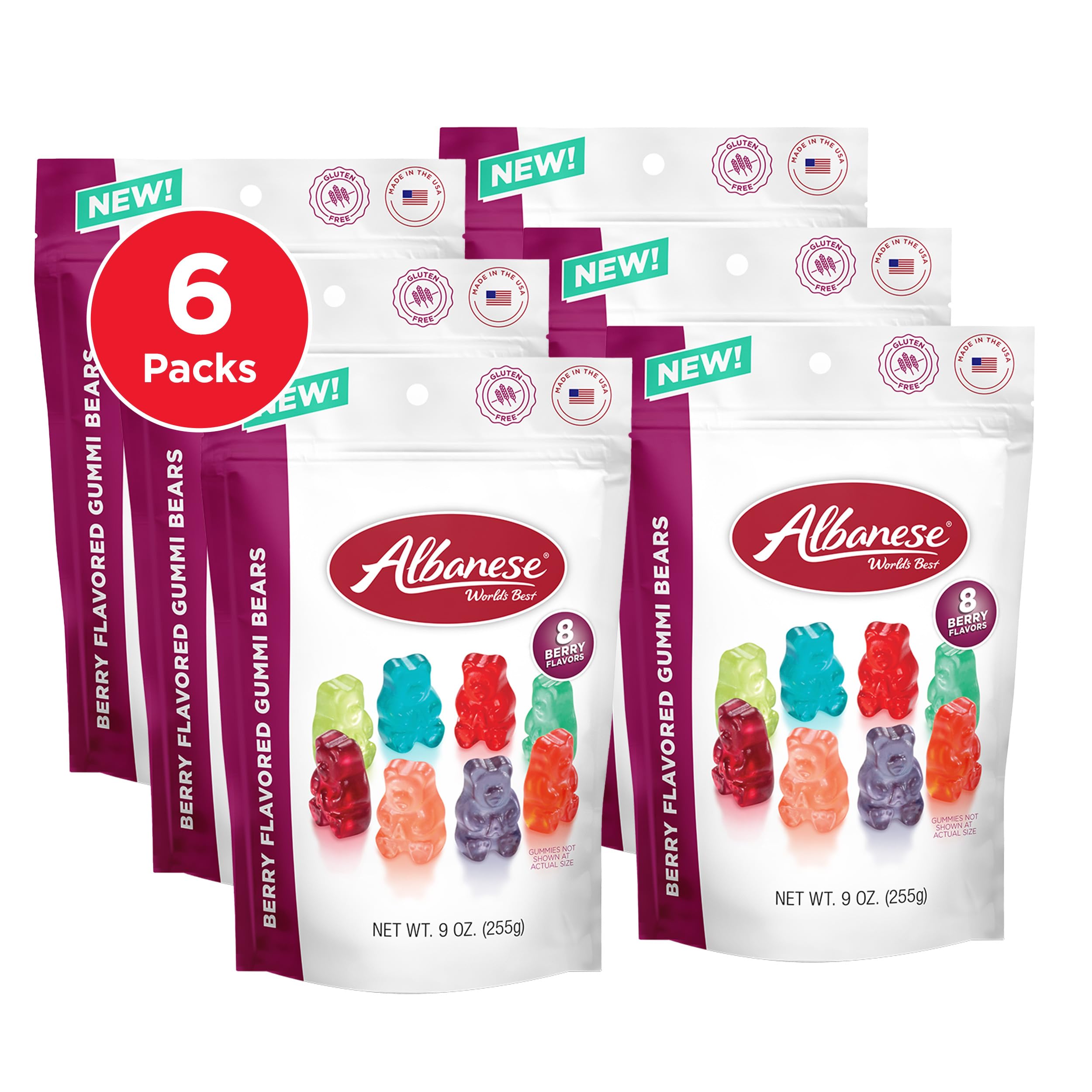 Albanese Berry Gummi Bears pack of 6 bags ready for sharing.