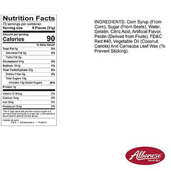 Close-up of Albanese Berry Red Gummi Raspberries texture, showcasing soft chew.