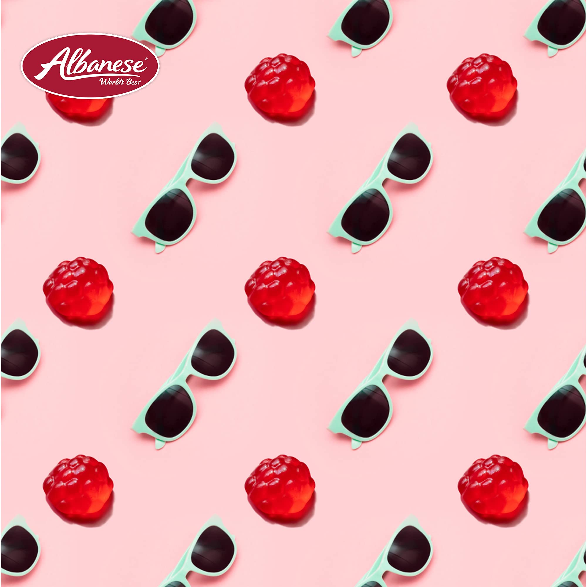 Albanese Berry Red Gummi Raspberries label emphasizes USA-made quality.