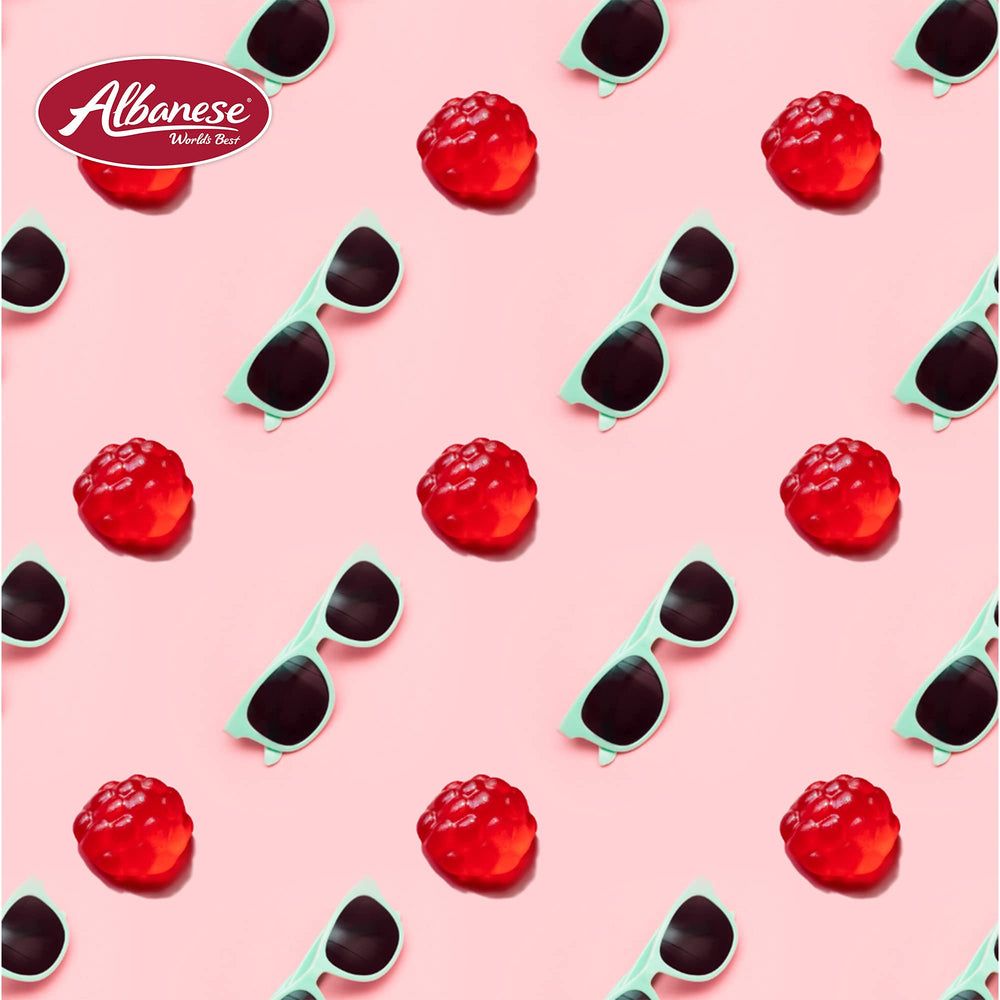 Albanese Berry Red Gummi Raspberries label emphasizes USA-made quality.