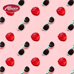 Albanese Berry Red Gummi Raspberries label emphasizes USA-made quality.