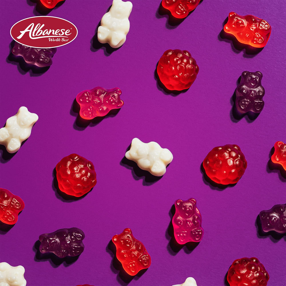 5-pound bag of Albanese Berry Red Gummi Raspberries ideal for events.
