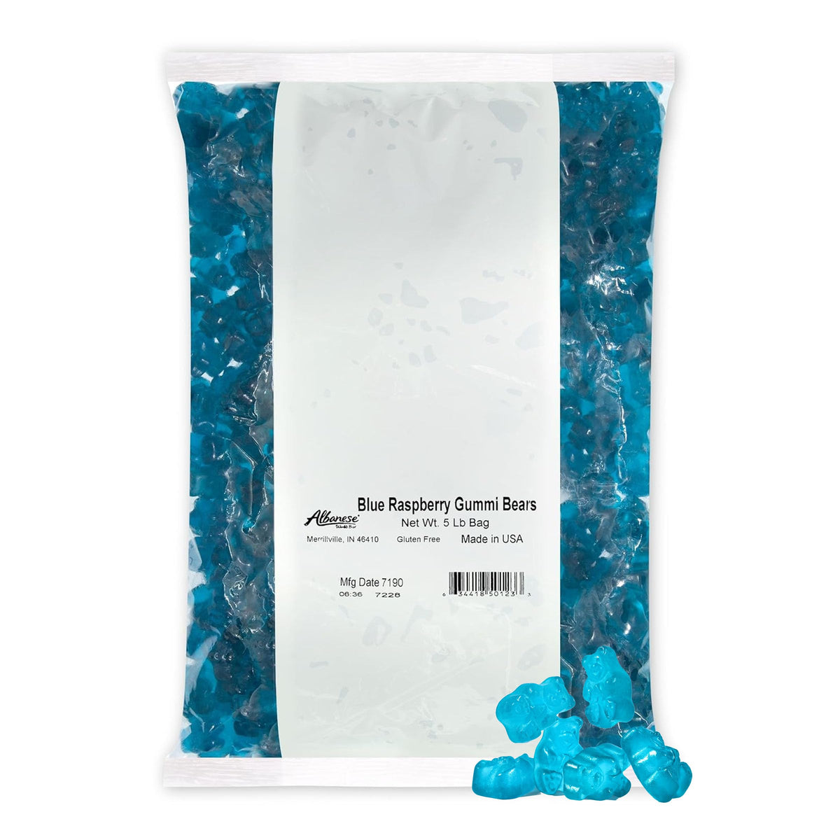 Albanese Blue Raspberry Gummi Bears bag front highlights bold fruit flavor.