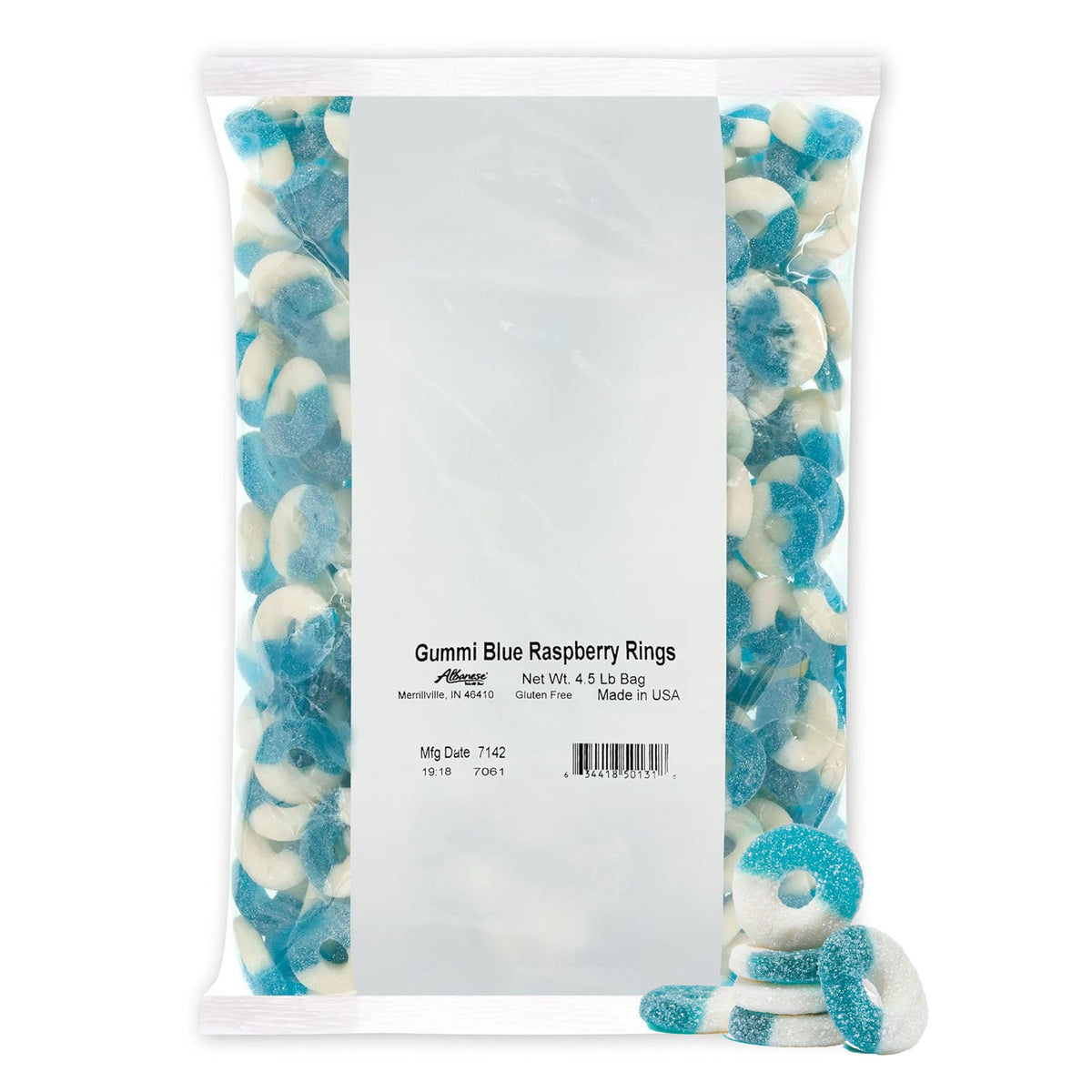Albanese Blue Raspberry Rings in a 4.5 lb bag ideal for sharing at gatherings.
