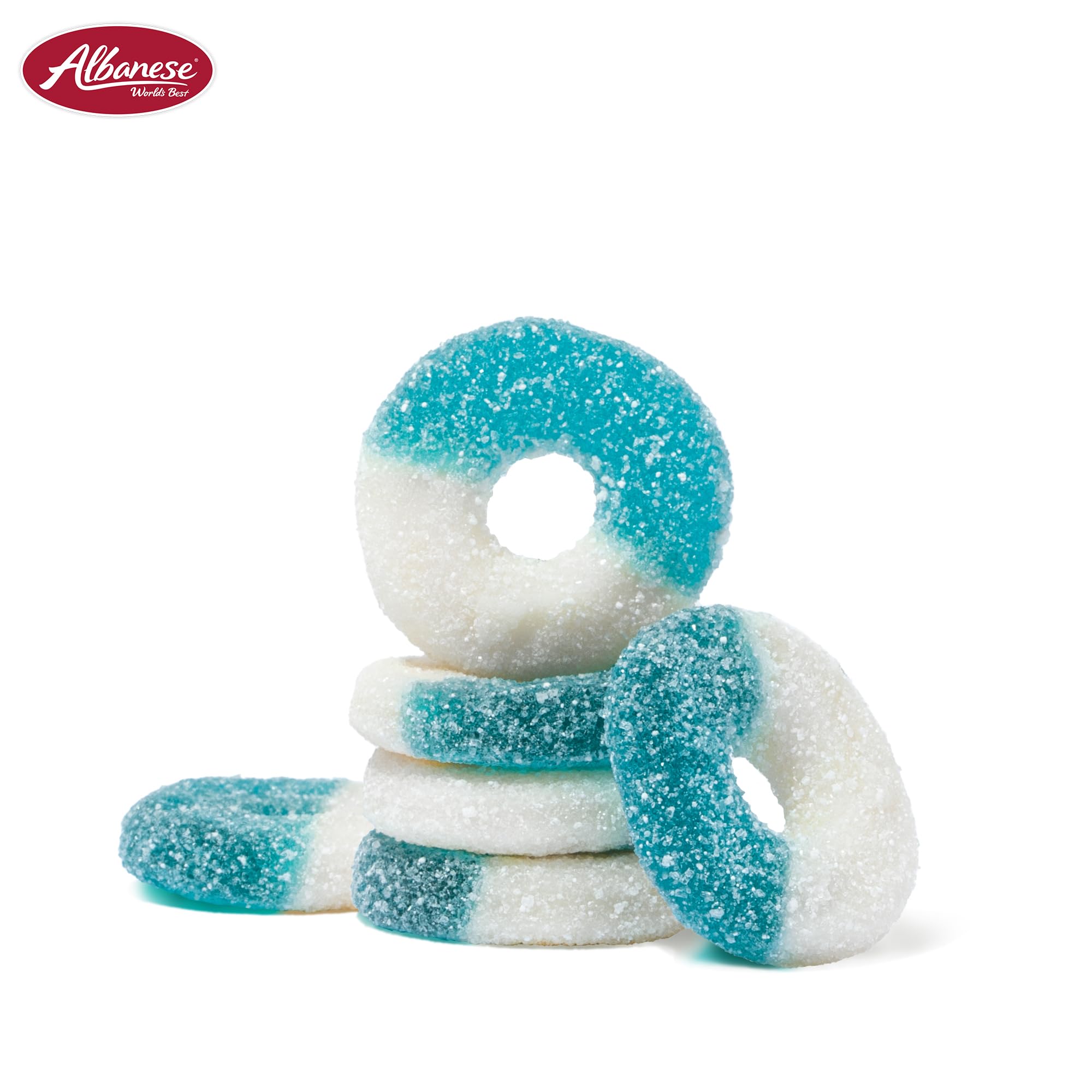 Plate-ready Albanese Blue Raspberry Rings for a party treat or dessert table.