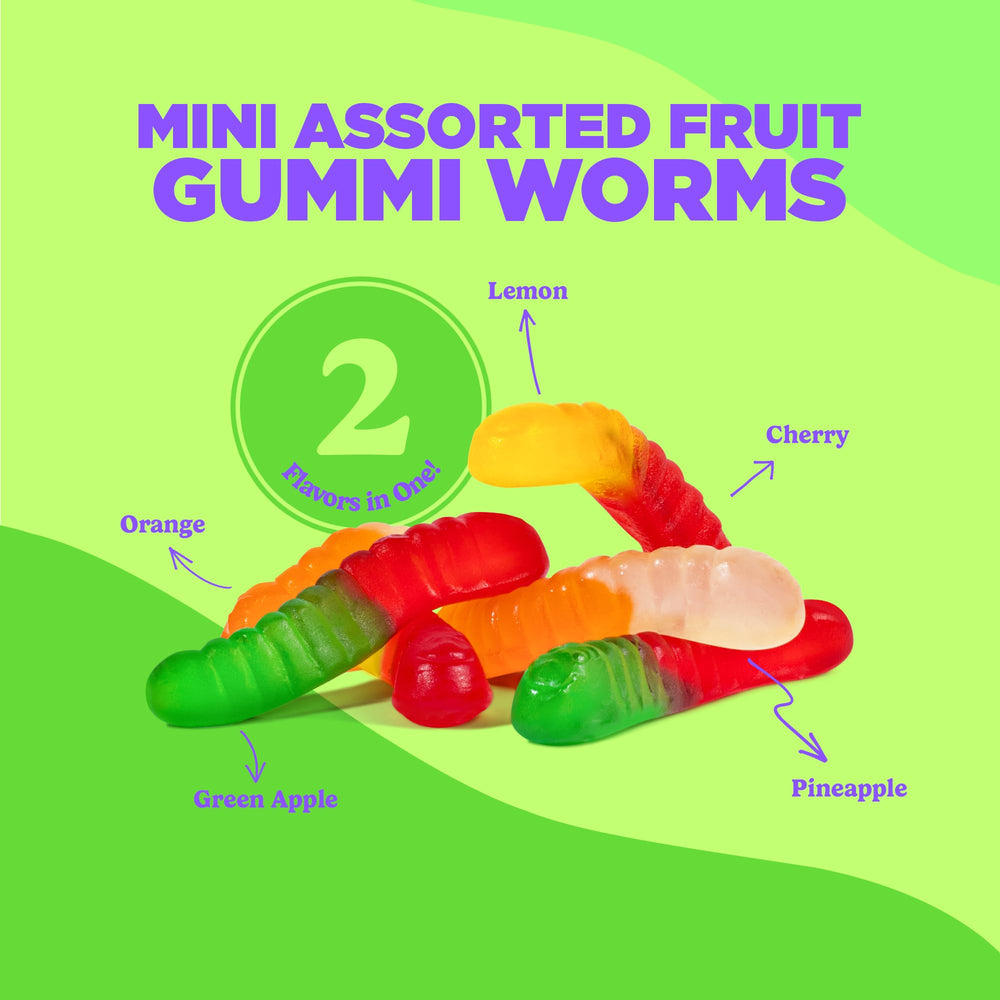 Albanese cherry flavor mini gummi worms on a plate