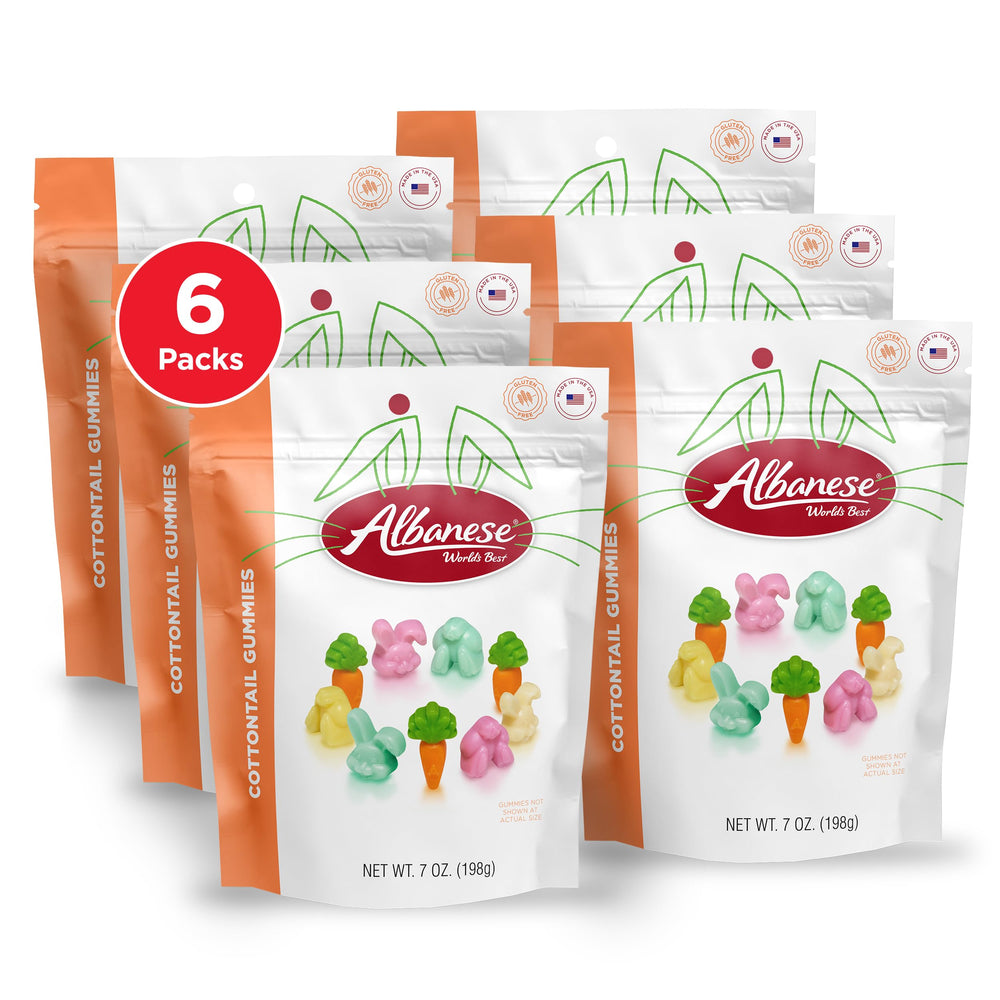 Albanese Cottontail Gummies pastel heads, soft texture for Easter treats.