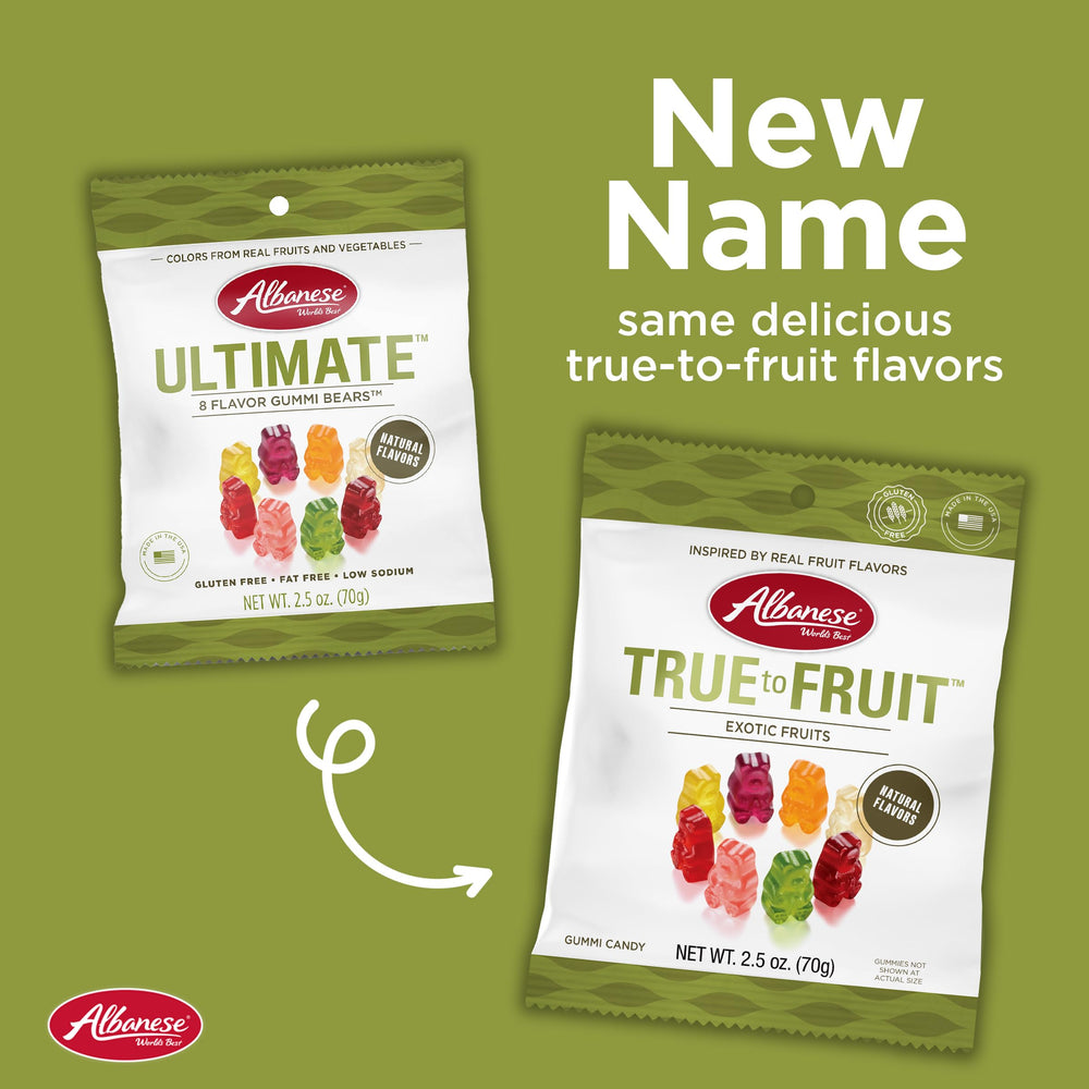 Albanese Exotic Fruits Gummies flavor assortment highlighting Alphonso Mango and friends