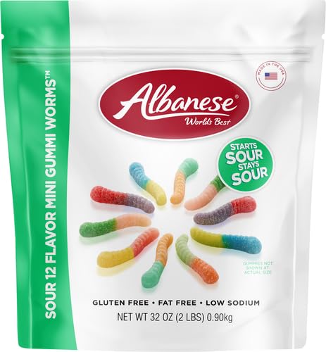 Albanese gluten-free fat-free sour worms packaging emphasizes allergy-friendly snacking.