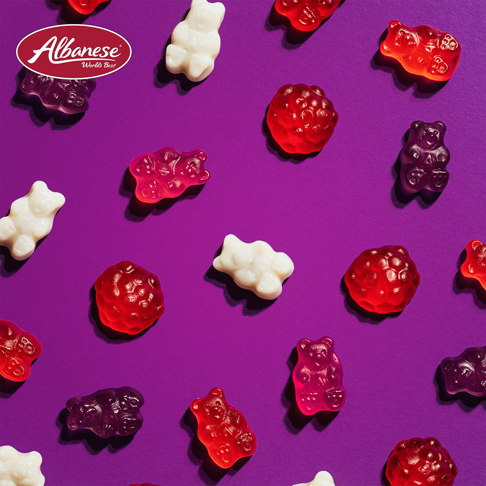 Albanese Grape Gummi Bears packaged display for events.