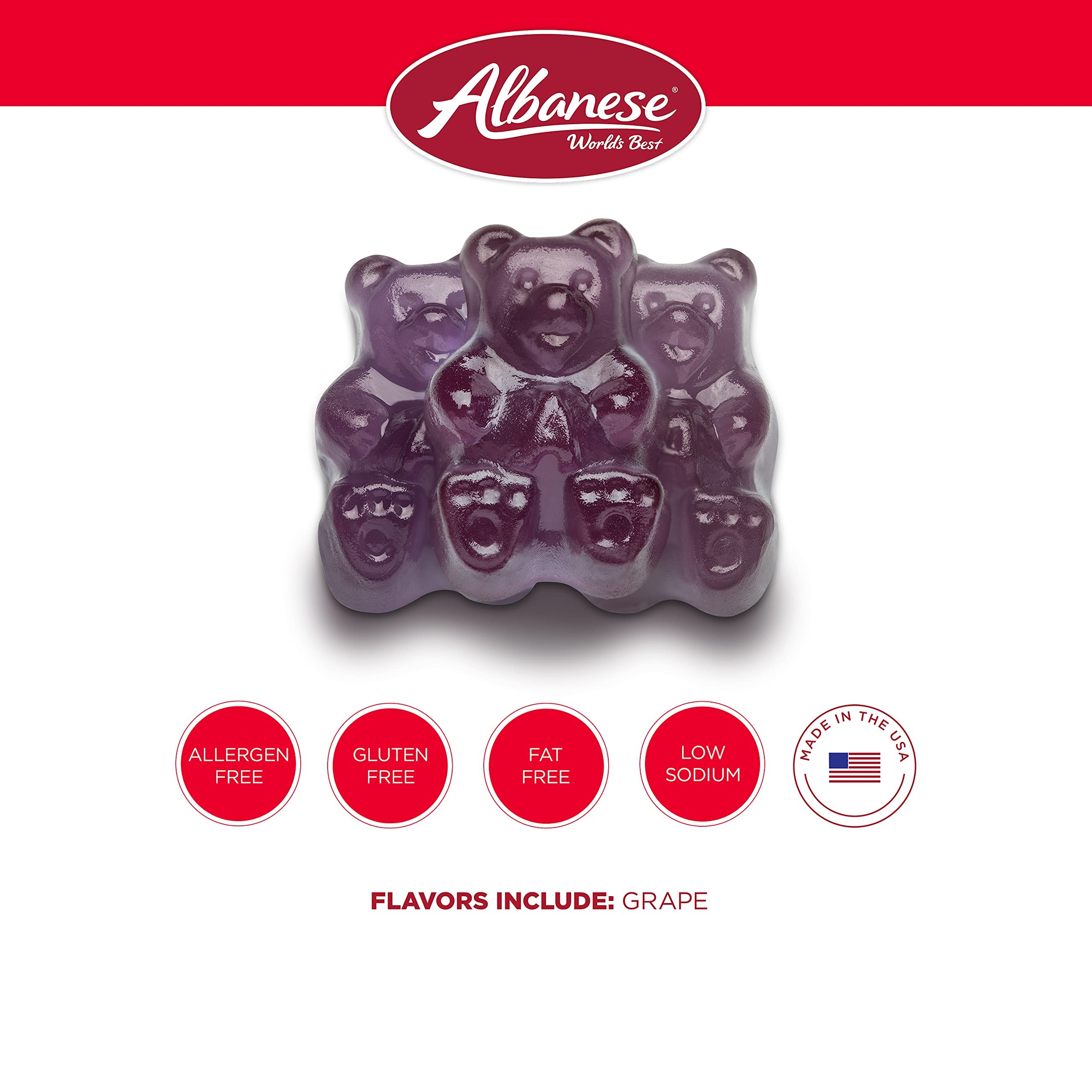 Albanese Grape Gummi Bears USA-made label signals quality.