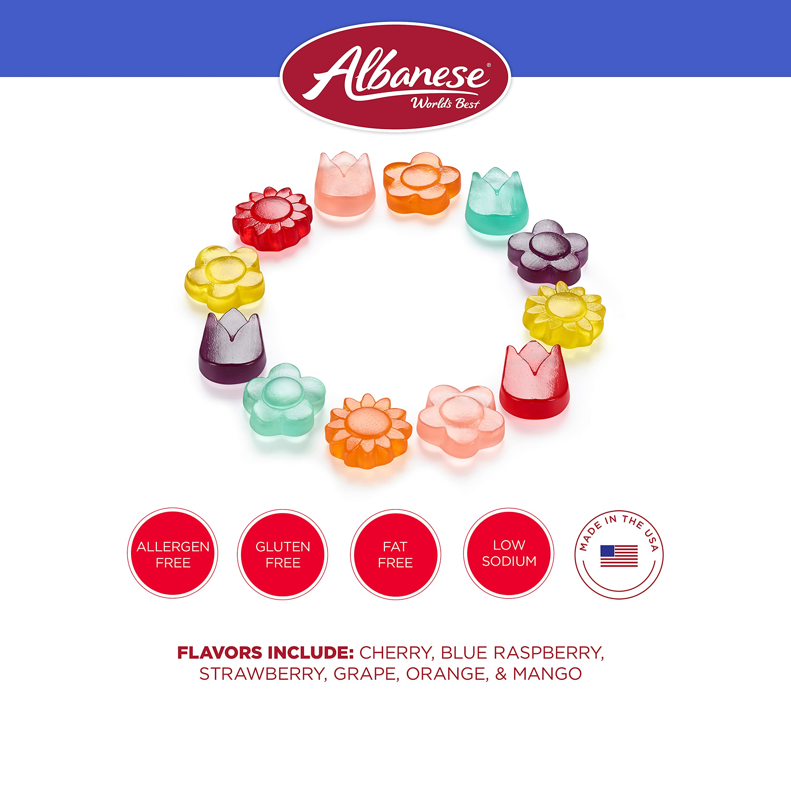 Assorted Albanese Gummi Awesome Blossoms fruits create a vibrant candy collection
