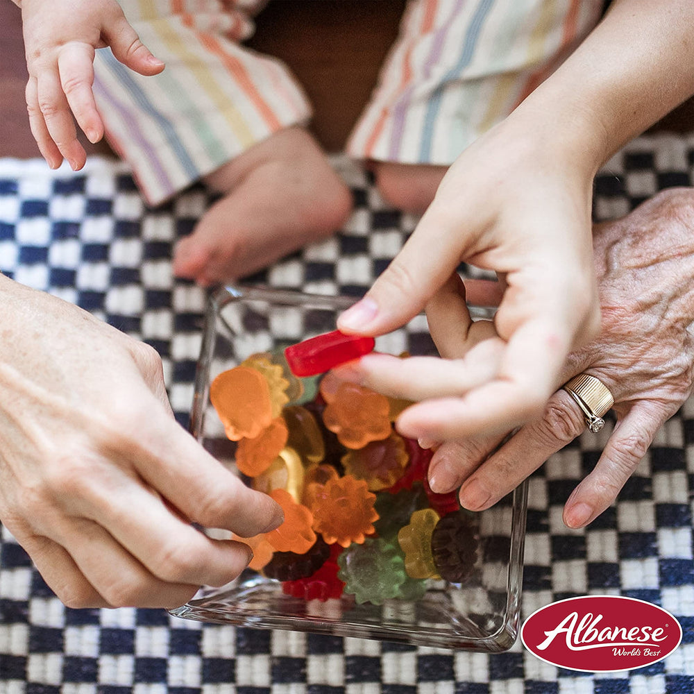 Serve Albanese Gummi Awesome Blossoms on a plate for a colorful snack idea