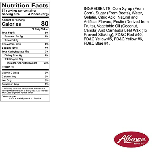 Assorted flavors label on Albanese Gummi Awesome Blossoms highlights 12 tasty options