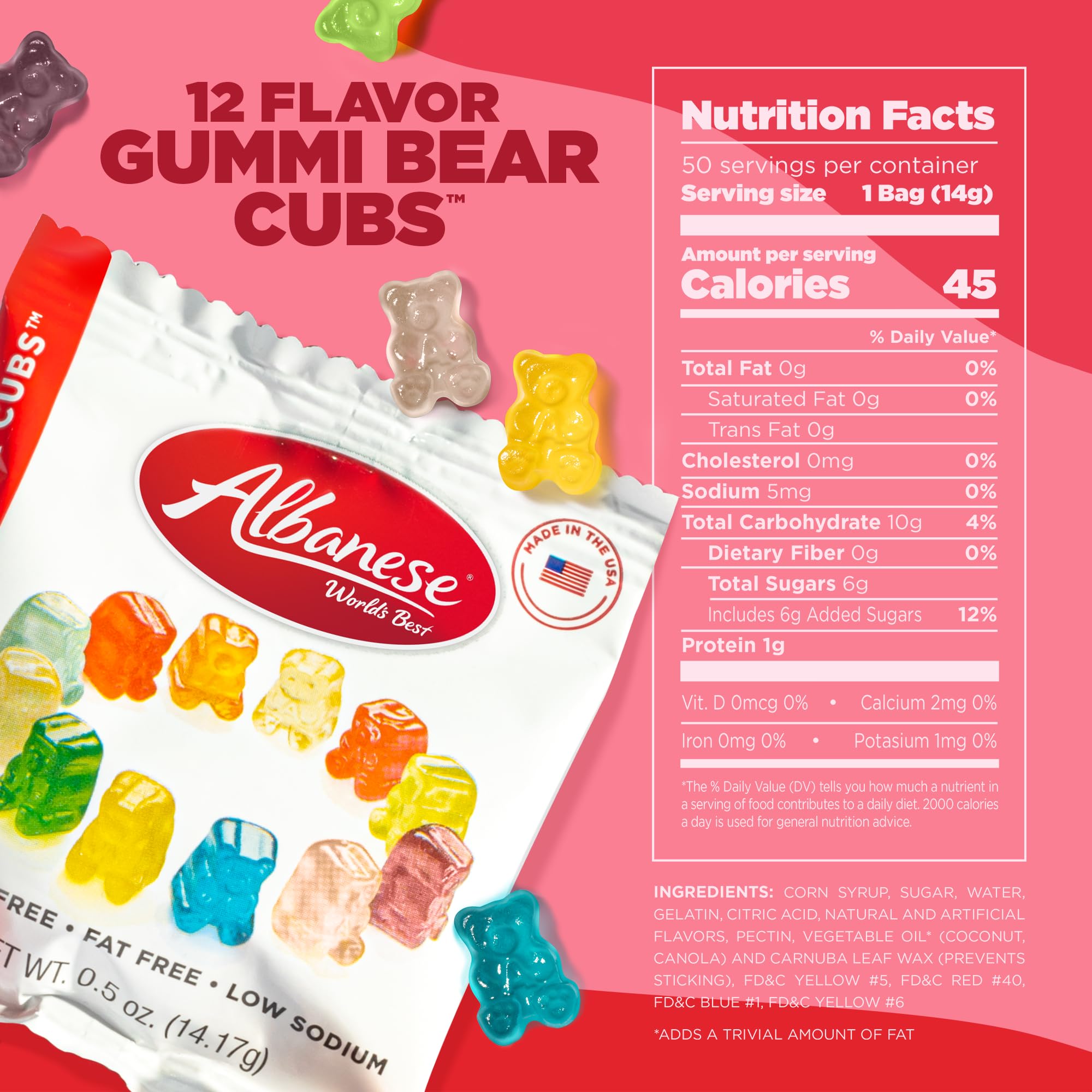 Albanese Gummi Bear Cubs variety flavors ideal for on-the-go snacking.