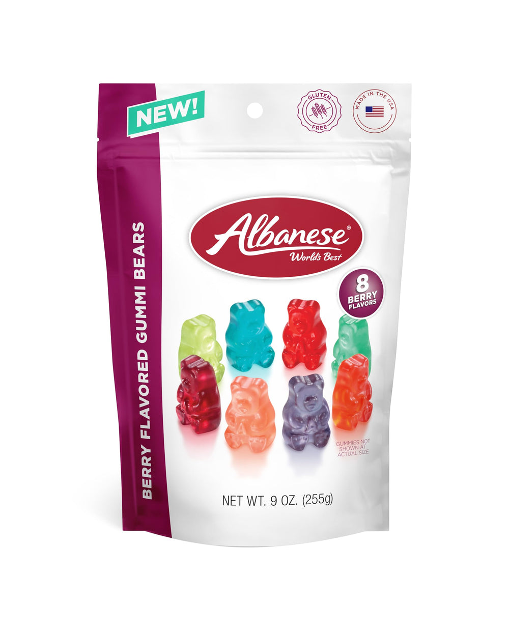 Albanese Berry Gummi Bears on shelf display for easy purchase.